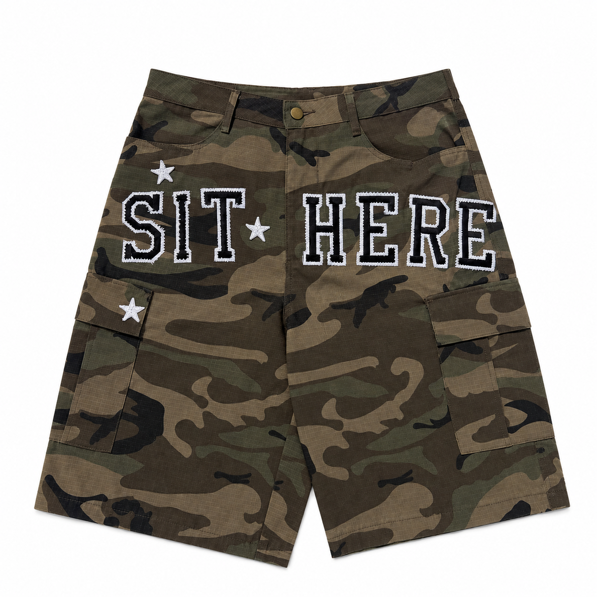 SIT HERE Camo Shorts
