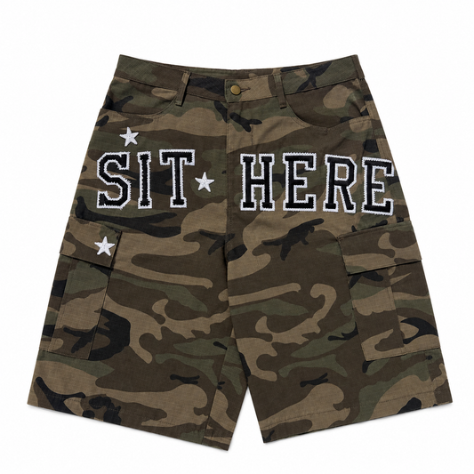 SIT HERE Camo Shorts